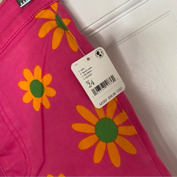 63) NWT Free People YouthQuake Pink Orange Floral Printed Crop Hipster Jeans - Picture 4 of 8